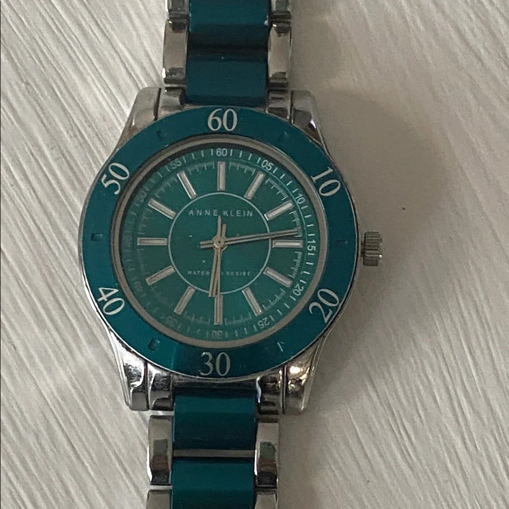 Anne Klein Teal Blue Dial & Enamel Link Silver Tone Sport Bracelet Watch